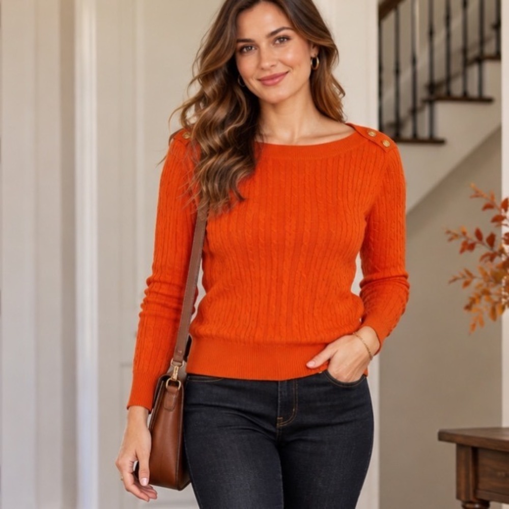 Lauren Ralph Lauren Cable Knit Sweater Womens L Orange Button Shoulder Preppy